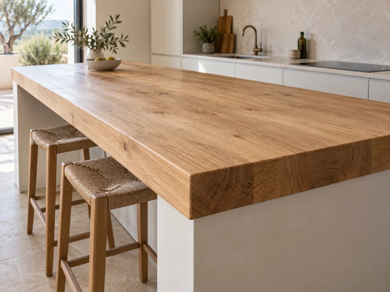Encimera tipo barra de madera maciza como remate de una isla de cocina