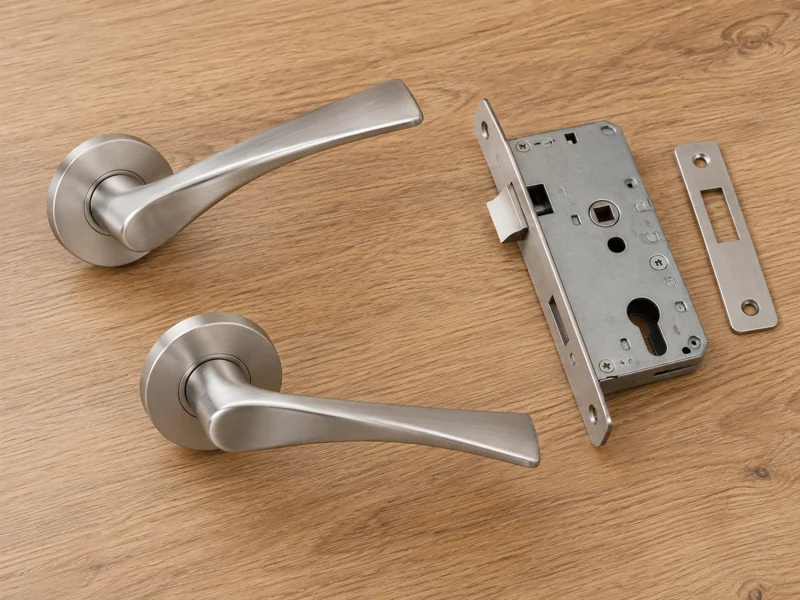 Juego de manillas para puerta de interior con roseta y cerradura, sobre fondo de madera