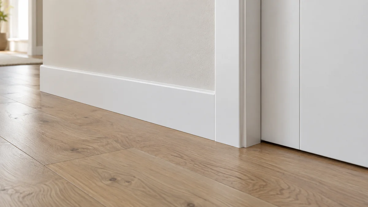 Moldura lacada en blanco colocada en el encuentro entre la pared y el suelo, a juego con la puerta