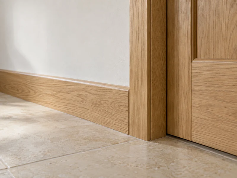 Rodapié de madera al natural con barniz, a juego con una puerta sin lacar