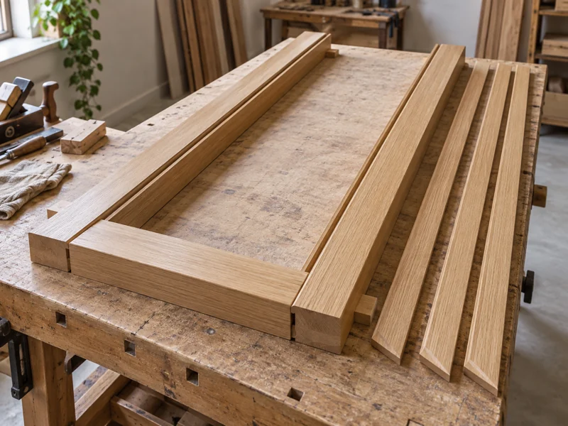 Conjunto de marco, jamba y tapajuntas de madera preparado para su instalación