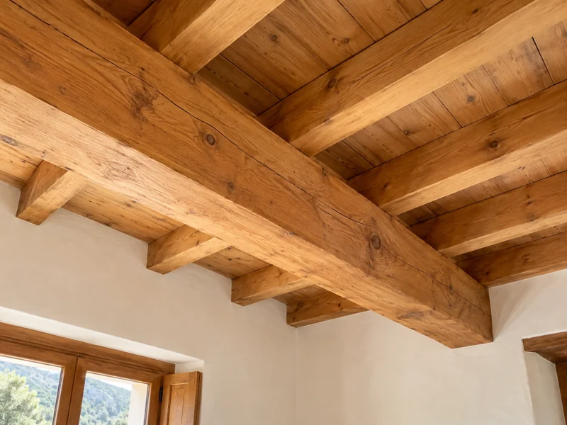 Viga de madera maciza vista en el techo de una vivienda