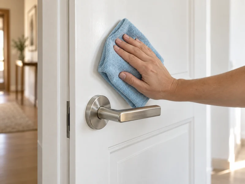 Limpieza de una puerta lacada en blanco con un paño de microfibra húmedo