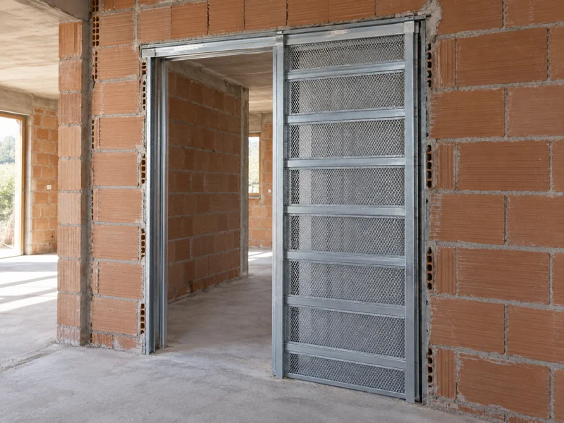 Cajón para una puerta corredera oculta preparado dentro del tabique antes de enlucir
