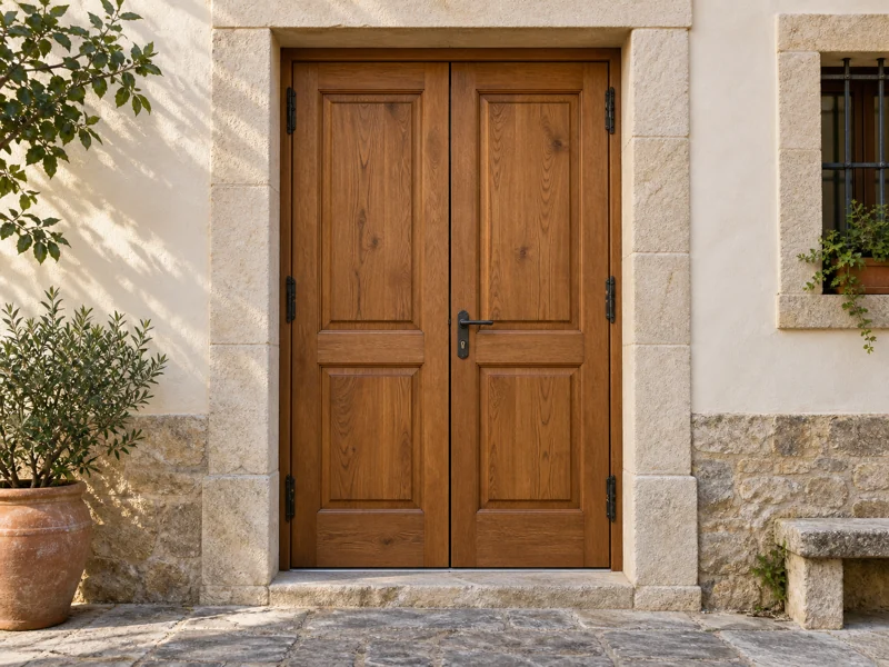 Puerta de entrada de doble hoja en madera maciza en la fachada de una casa de pueblo