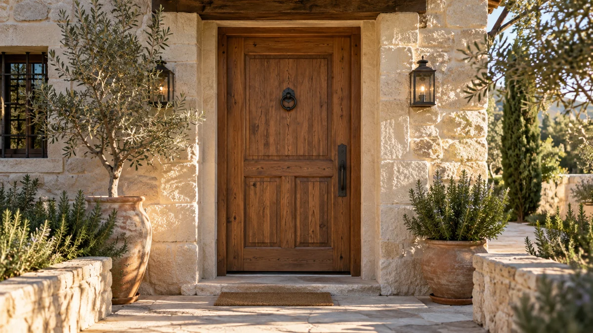 Entrada de madera maciza con herrajes de forja en la fachada de una casa