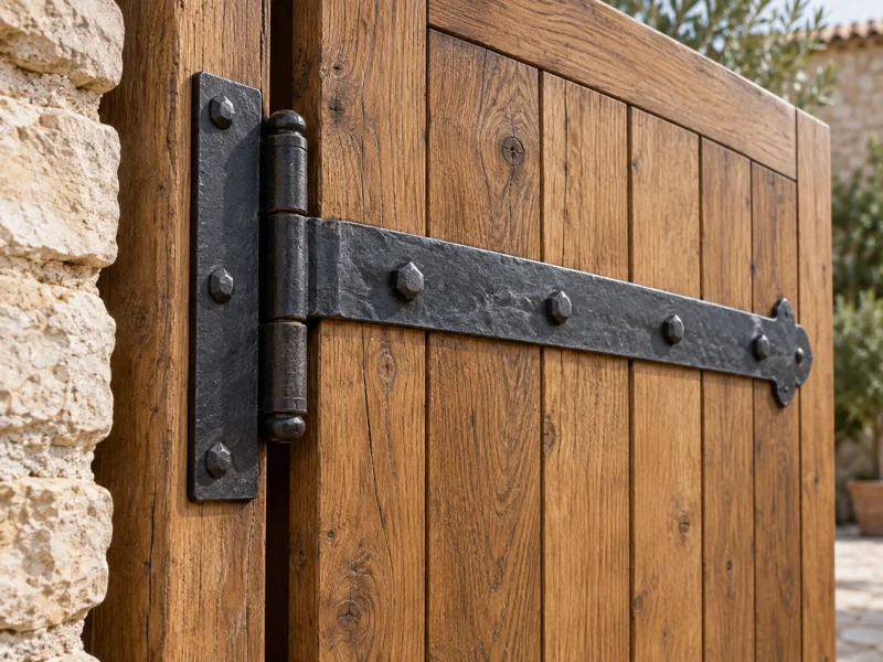 Detalle de la veta de madera y una bisagra reforzada en un portón rústico de exterior