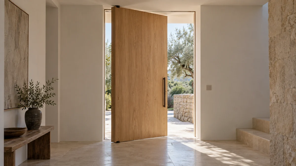 Hoja de madera girando sobre un eje central, instalada en el acceso de una vivienda