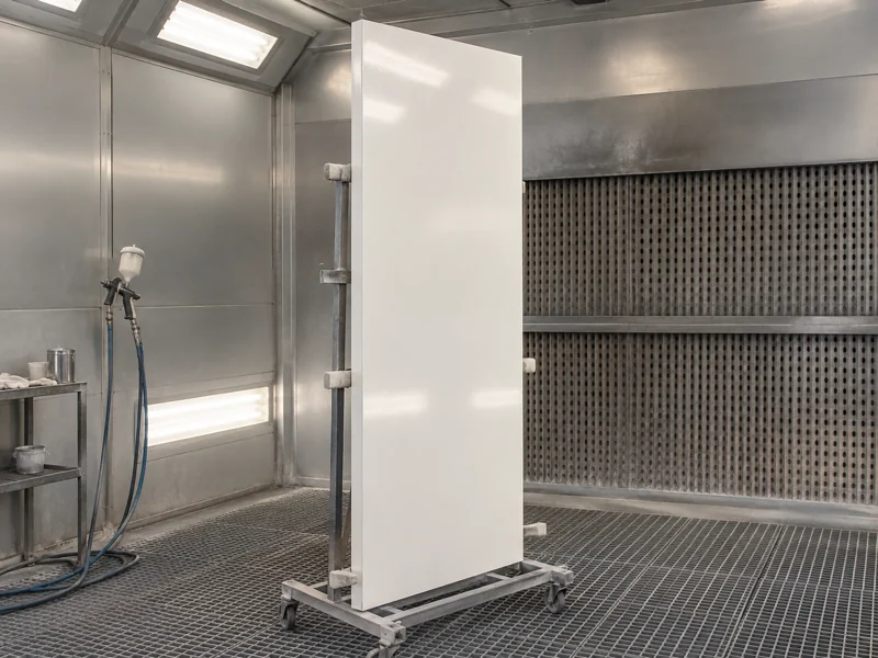 Hoja de puerta blanca de interior recién lacada en la cabina de la fábrica de Valera de Abajo