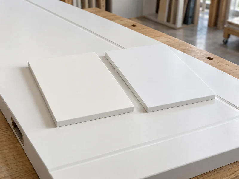 Muestras de lacado blanco RAL 9010 y RAL 9003 sobre una puerta de interior