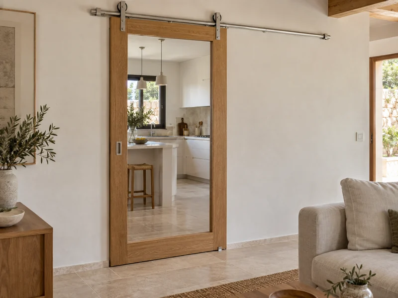 Puerta corredera de cristal con marco de madera instalada entre cocina y salón