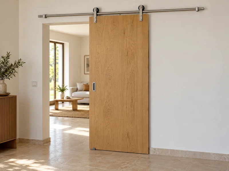 Puerta corredera de interior con guía vista deslizando sobre la pared