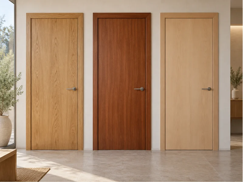 Muestras de puertas de interior en roble, sapeli y haya comparadas una junto a otra