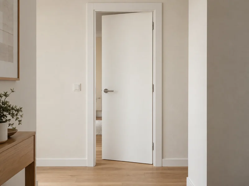Puerta de paso lacada en blanco instalada con premarco y tapajuntas a juego