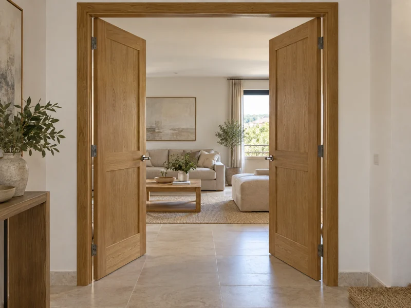 Puerta doble de interior de madera abierta en el acceso a un salón