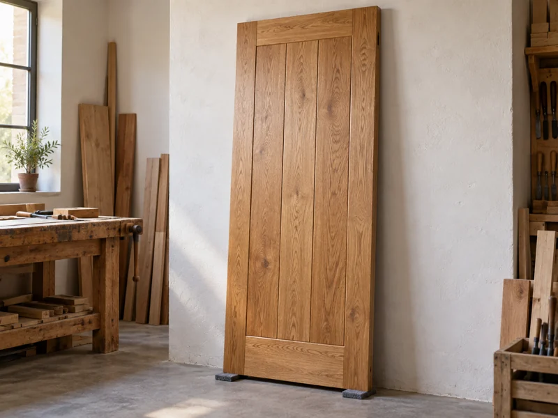 Hoja de puerta rústica de roble con la veta de la madera vista antes de instalar