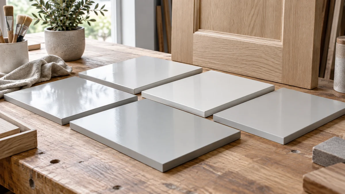 Abanico de muestras de pintura con distintos tonos de blanco y gris, sobre una mesa de taller