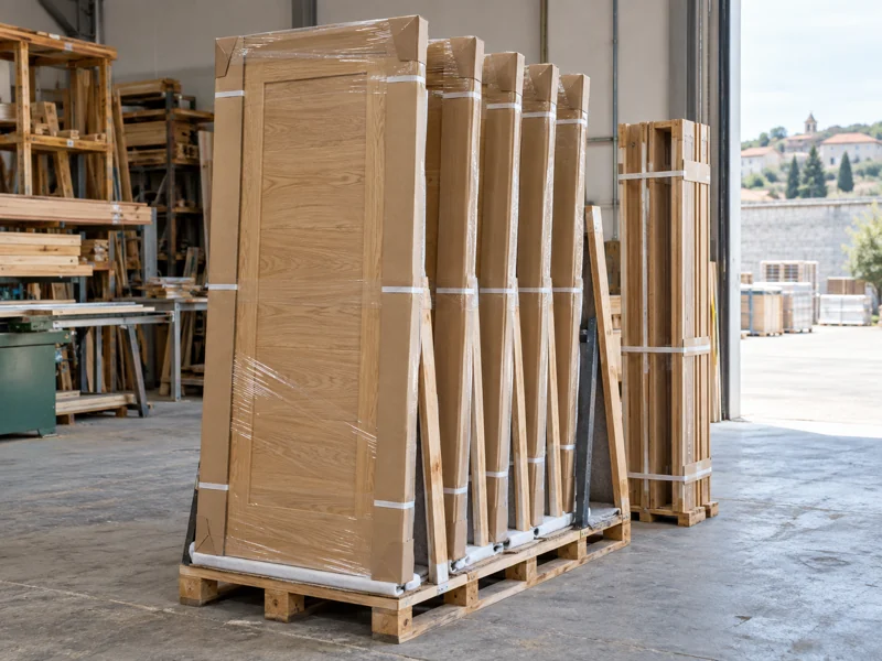 Puertas de madera embaladas en la fábrica de Valera de Abajo listas para la entrega en Madrid