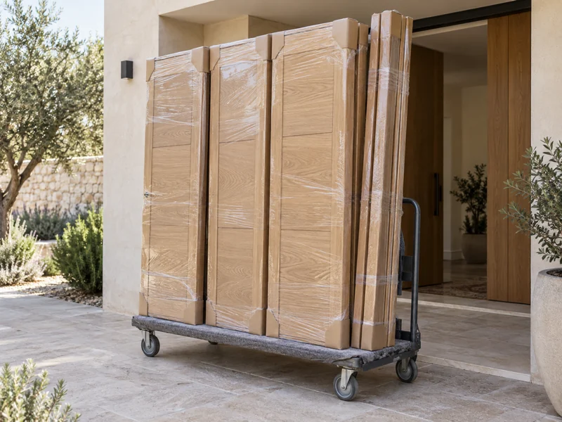 Puertas de madera embaladas listas para su entrega en una vivienda de Valencia