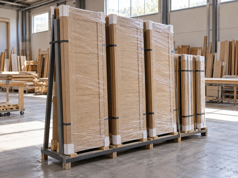 Puertas de interior de madera embaladas en la fábrica de Valera de Abajo para su envío a Valencia